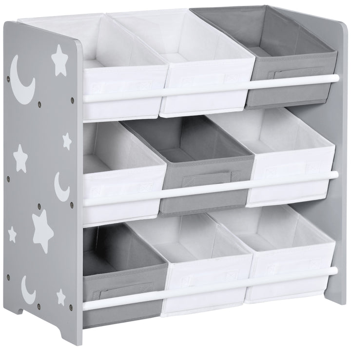 ZONEKIZ 3-Tier Storage Rack Toy Storage Organizer with 9 Removable Bins & Smooth Edges, for Playroom, Nursery and Kids Room, Grey | Aosom UK