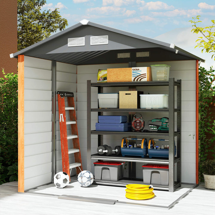 6.5 x 5ft Metal Garden Shed, House Hut Gardening Tool Storage with Ventilations, Sliding Door, Sloped Roof for Garden, Patio, Brown