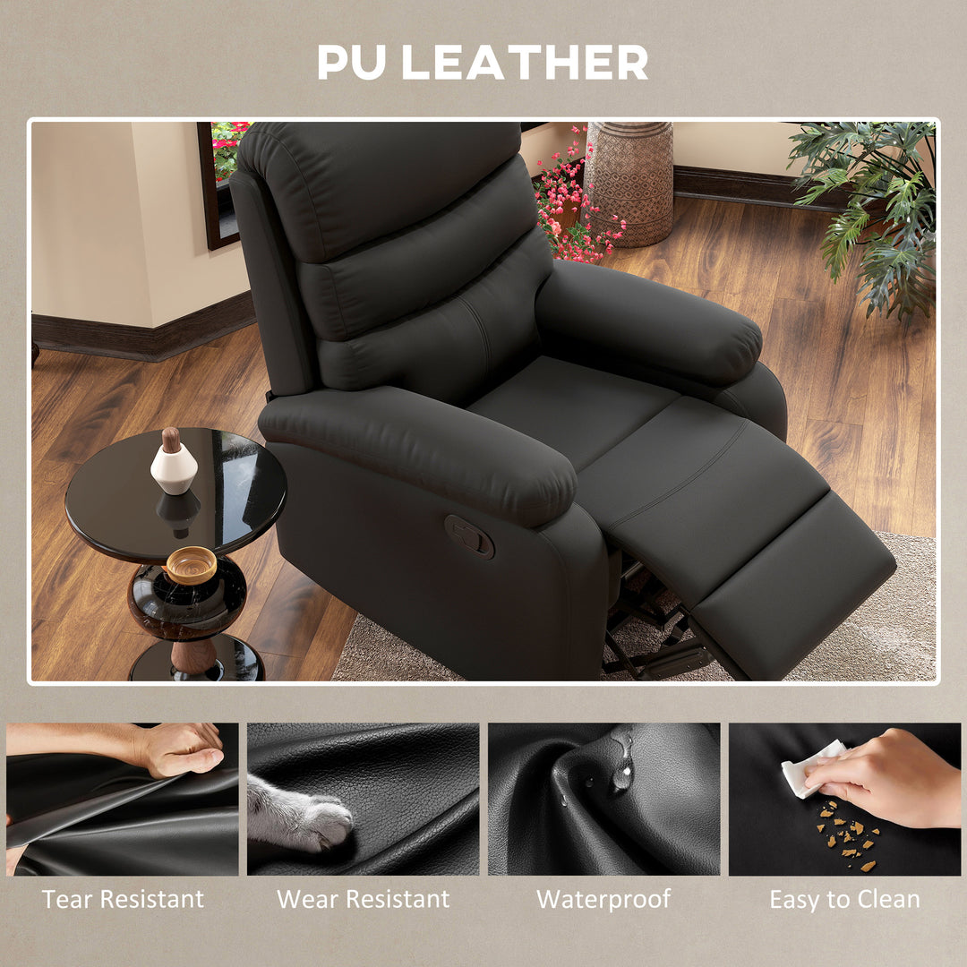PU Leather Reclining Chair, Manual Recliner Chair with Padded Armrests, Retractable Footrest and Wood Frame, Black