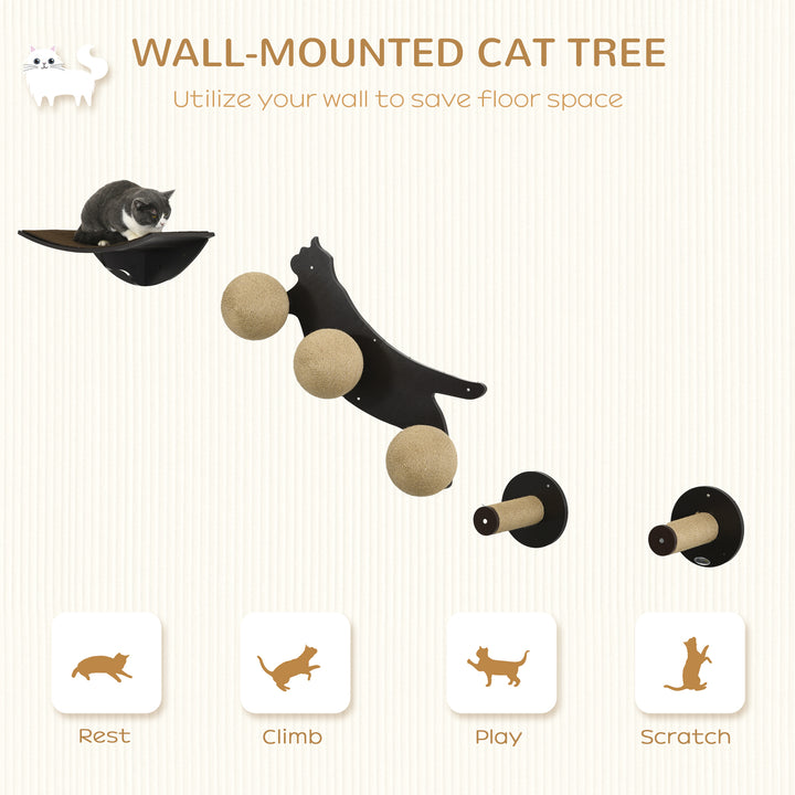 PawHut 4 Pieces Wall Mounted Cat Shelves, Cat-shaped Platform with Three Scratching Balls, Cat Wall Furniture with Scratching Posts, Tawny Brown