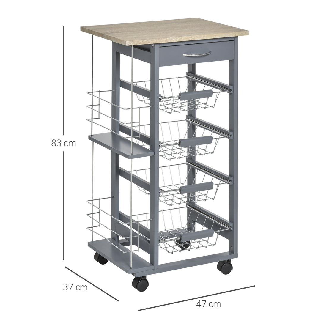 Rolling Kitchen Cart, Utility Storage Cart with 4 Basket Drawers & Side Racks, Wheels for Dining Room, Grey