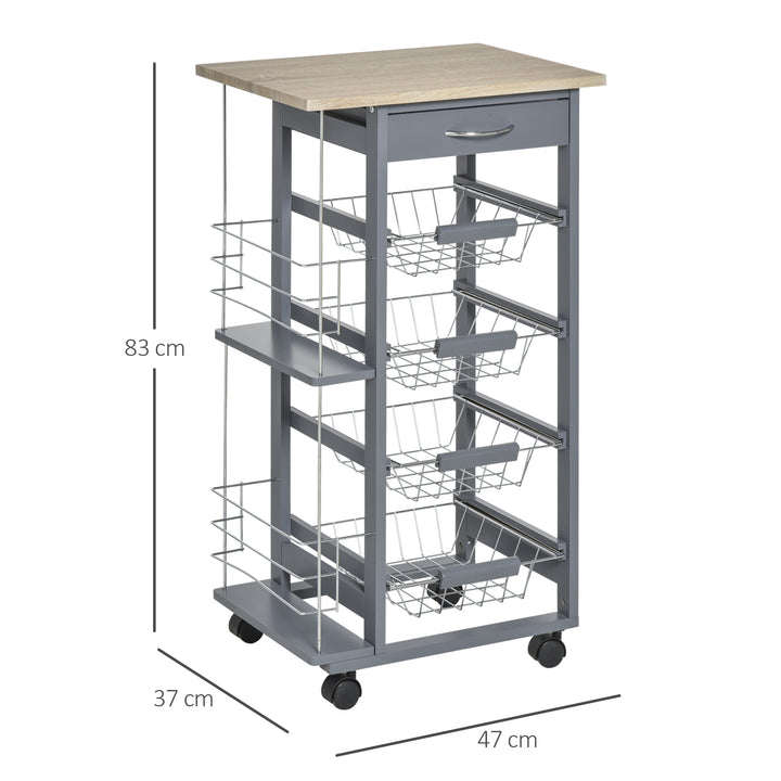Rolling Kitchen Cart, Utility Storage Cart with 4 Basket Drawers & Side Racks, Wheels for Dining Room, Grey