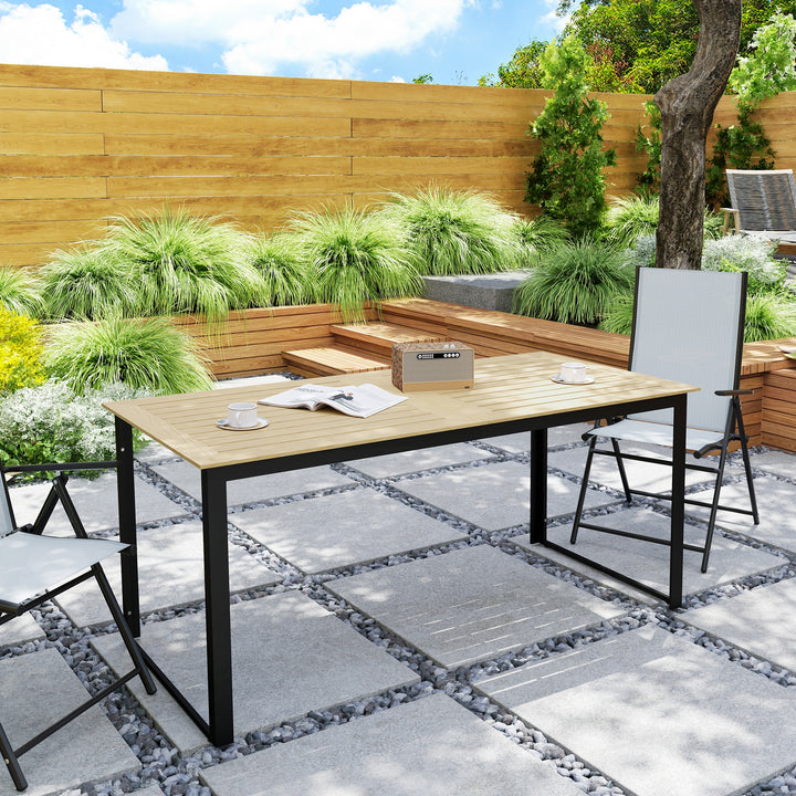 Garden Table for 6 People, 175 x 78 x 75 cm Rectangle Outdoor Dining Table with Slatted Top, Metal Frame, for Balcony, Deck, Teak