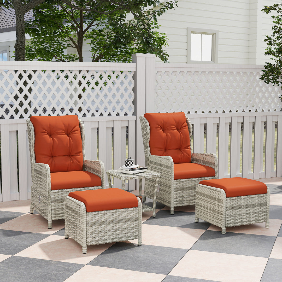 5 Pieces Rattan Bistro Set with Adjustable Back, Reclining Wicker Balcony Furniture with Cushions, Glass Top Coffee Table and Footstools, Outdoor Table and Chairs, Orange