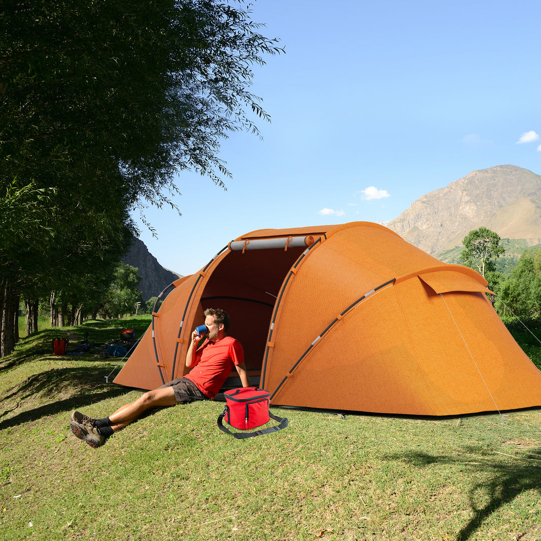 Outsunny 4-6 Man Camping Tent w/ Two Bedroom, Hiking Sun Shelter, UV Protection Tunnel Tent, Orange | Aosom UK