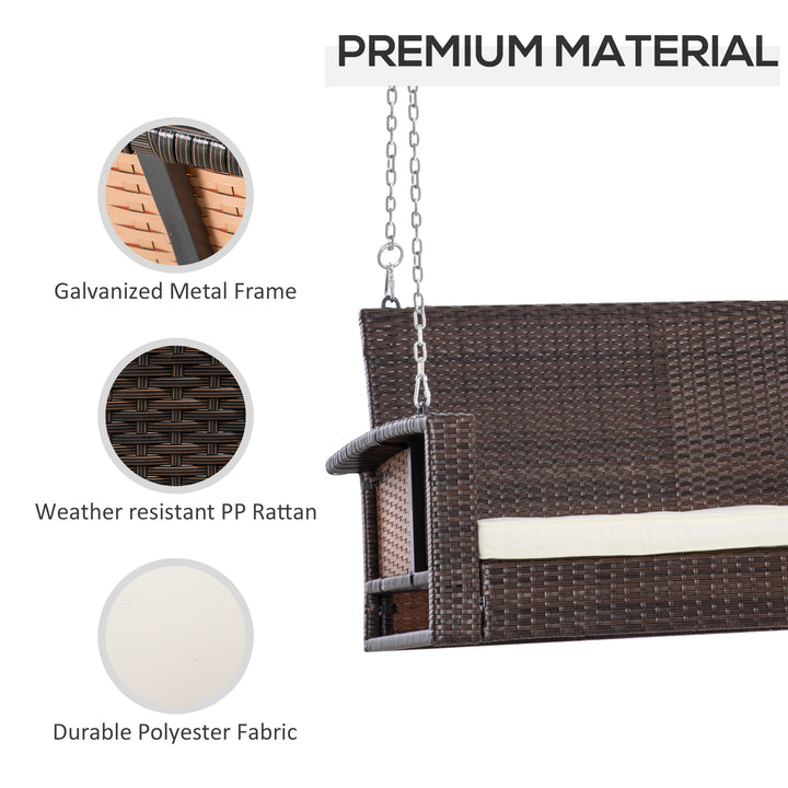 MCL 2 Seater Rattan Garden Swing Chair, Porch Swing Bench Loveseat with Cushion, Wicker Outdoor Hanging Swinging Seat with 2 Metal Chains, 250 KG Capacity for Patio, Balcony, Cream White