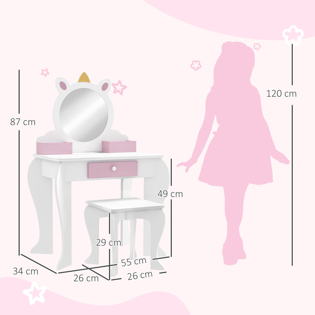 ZONEKIZ Kids Dressing Table, Unicorn Design with Mirror & Stool, Creative Play, White | Aosom UK