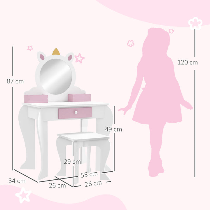 ZONEKIZ Kids Dressing Table, Unicorn Design with Mirror & Stool, Creative Play, White | Aosom UK