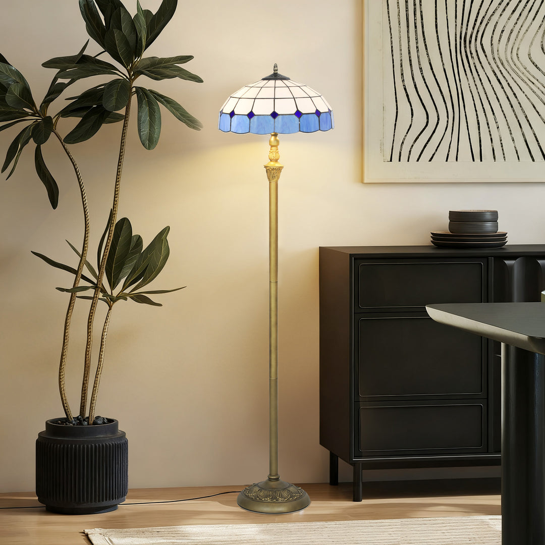 MCL Tiffany-Style Floor Lamp with Handcrafted Stained Glass Shade, 152cm Tall Vintage Standing Lamp with Foot Switch and Dual Sockets for Living Room Bedroom, Bronze Tone and Blue