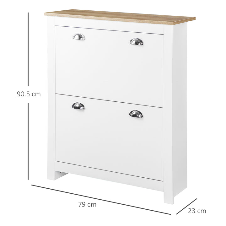 2 Drawer Shoe Cabinet Modern Narrow Shoe Cupboard Hallway Wooden Storage Organiser with Flip Doors Adjustable Shelf for 6-12 Pairs, White