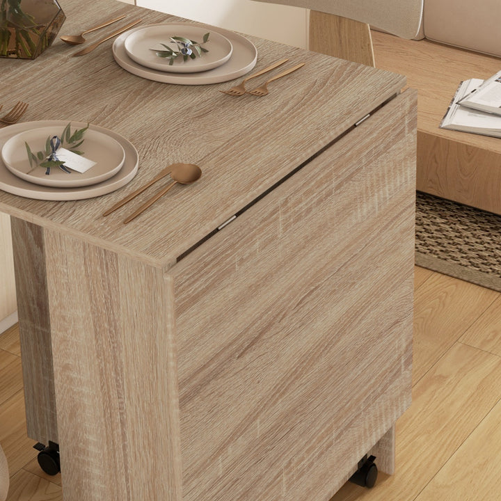 Folding Dining Table, Drop Leaf Table for Small Spaces with 2-tier Shelves, Small Kitchen Table with Rolling Casters, Natural