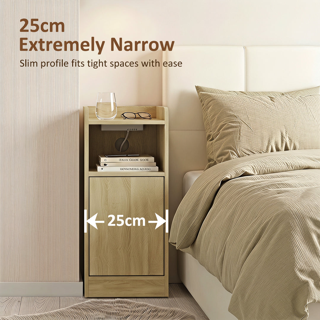 Slim Bedside Table Set of 2 with Charging Station, Narrow Bedside Cabi