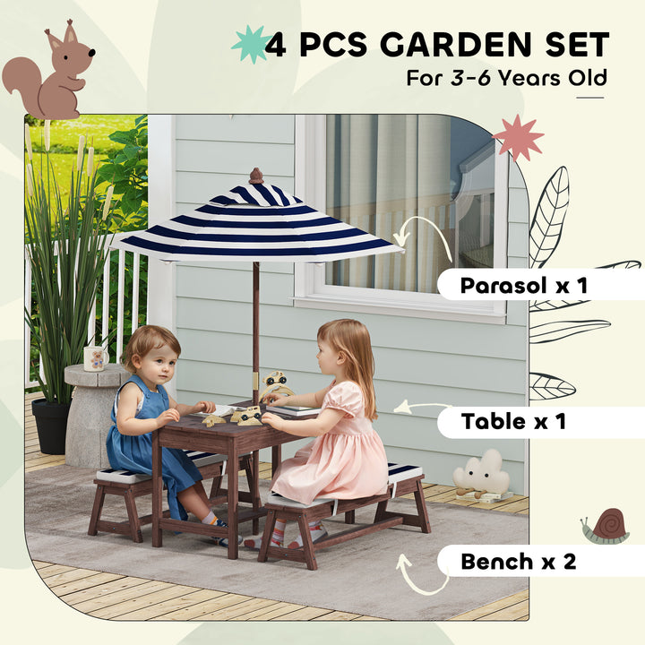 Outdoor Wooden Kids Picnic Table &amp; Bench Set with Cushions and Umbrell