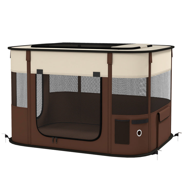 PawHut Foldable Dog Pen with Storage Bag for Indoor/Outdoor Use, Brown | Aosom UK