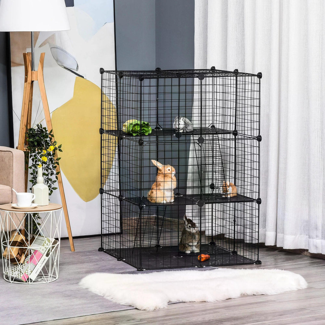 PawHut Pet Playpen, DIY Small Animal Cage with Metal Wire Fence, 39 Panels, 3 Doors, 2 Ramps, for Kitten, Bunny, Black. | Aosom UK