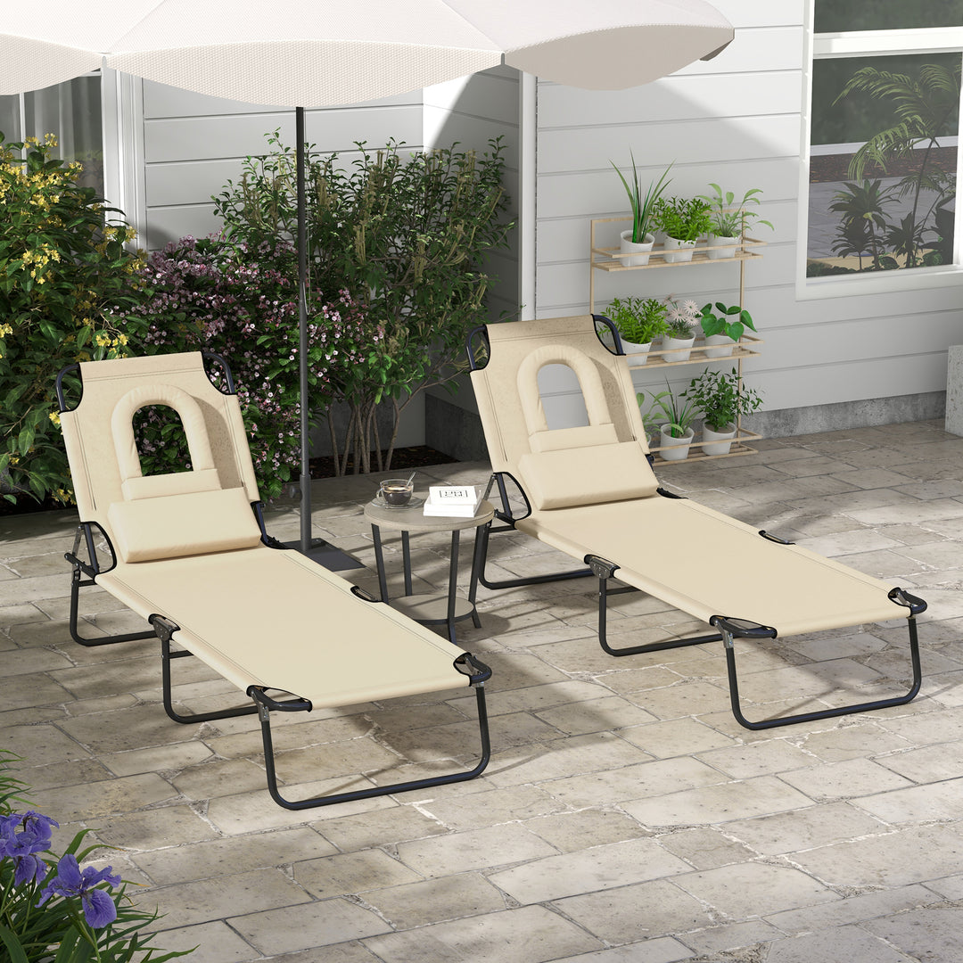 Outdoor Folding Sun Lounger Set of 2 with Face Hole, 4 Level Adjustable Backrest Reclining Garden Lounger, Garden Recliner Sunbed with 600 D Oxford Cloth Seat and Pillow for Beach, Sand