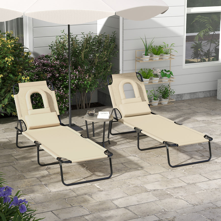 Outdoor Folding Sun Lounger Set of 2 with Face Hole, 4 Level Adjustable Backrest Reclining Garden Lounger, Garden Recliner Sunbed with 600 D Oxford Cloth Seat and Pillow for Beach, Sand