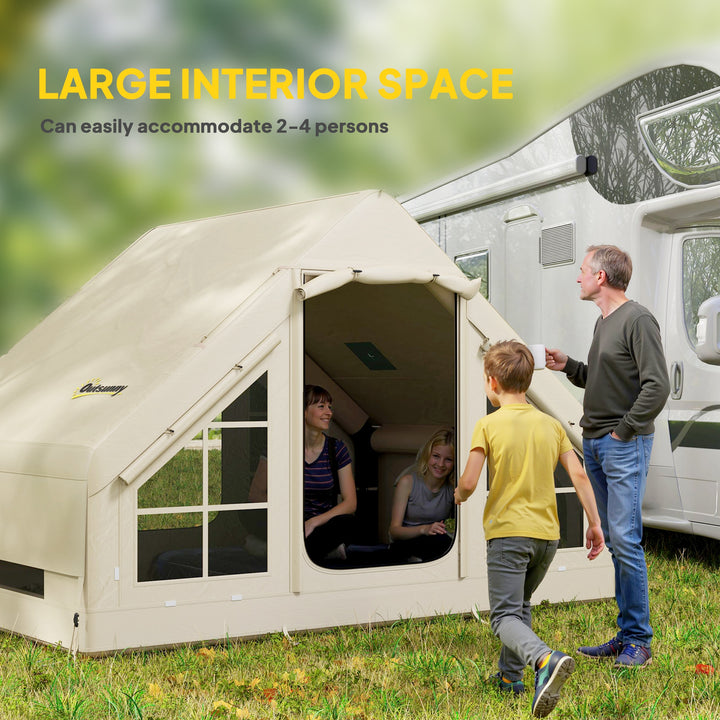 Inflatable Camping Tent with Pump and Stove Jack Hole, Easy Setup 2-4 Person Blow Up Tent, Waterproof Luxury Inflatable Tent with Mesh Windows, Doors, Hook and Carry Bag, Beige