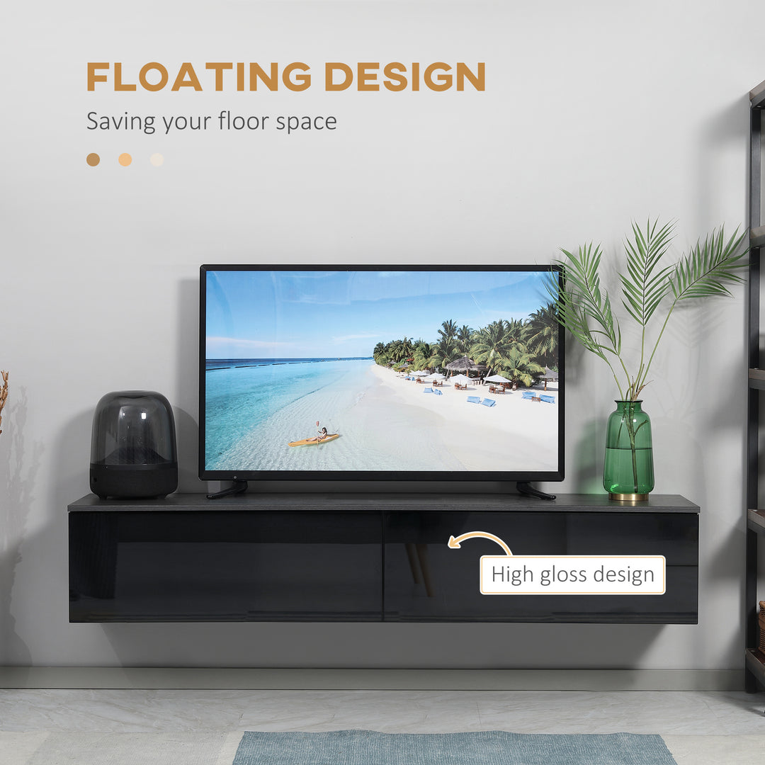 160cm High Gloss Floating TV Unit Stand for TVs up to 70", Wall Mounted TV Cabinet with Storage Cupboards, Grey and Black