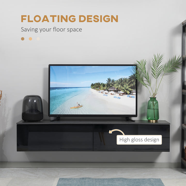 160cm High Gloss Floating TV Unit Stand for TVs up to 70", Wall Mounted TV Cabinet with Storage Cupboards, Grey and Black