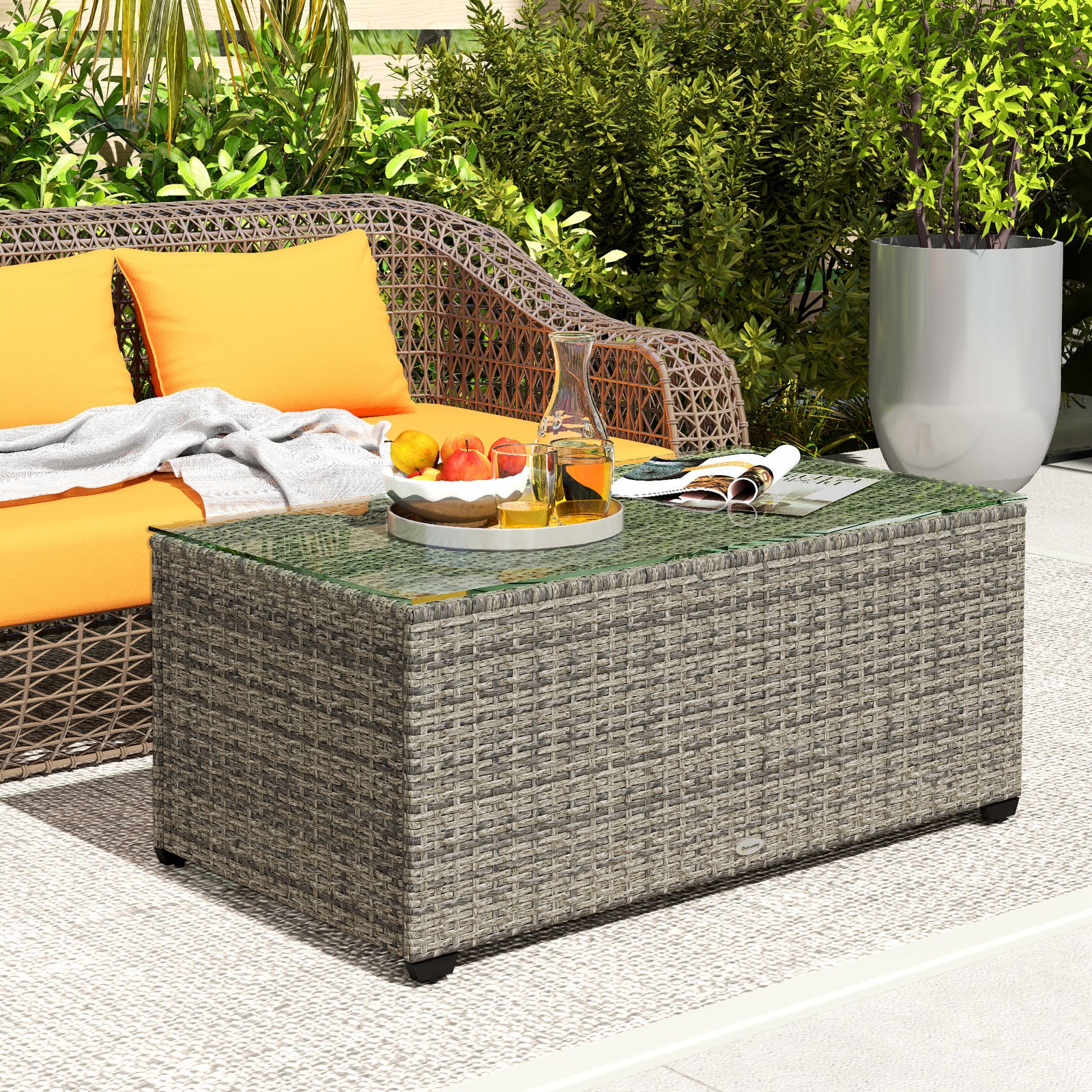 90 x 50cm Glass-Top Rattan Side Table - Dark Grey