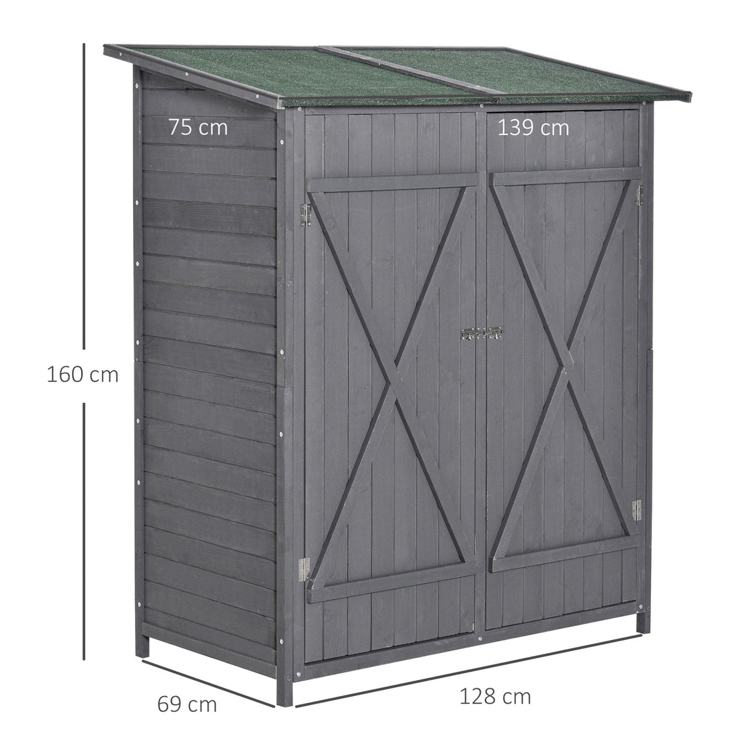 Outsunny Wooden Garden Storage Shed Lockable Tool Cabinet Organizer w/ Storage Table, Double Door, 139 x 75 x 160 cm, Grey