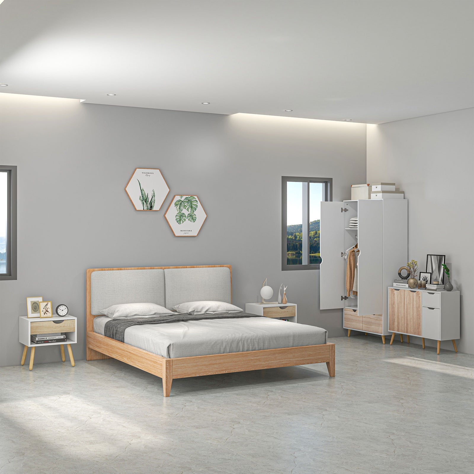 Bedroom Furniture Set, Wardrobe with Hanging Rod, Side Cabinet with wood legs , Bedside Table with Drawer, Nature Wood Finish and White