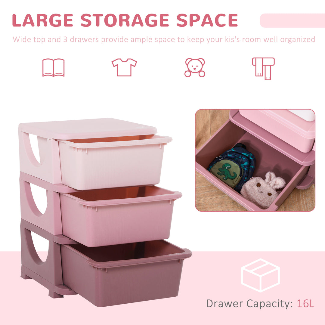 Kids Storage Units with 3 Drawers 3 Tier Chest Vertical Dresser Tower Toy Organiser for Nursery Playroom Kindergarten Pink