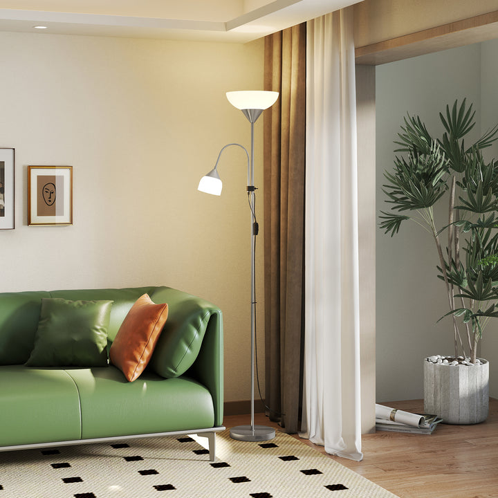 LED Floor Lamp for Living Room, 180cm Tall Standing Lamp, Mother and Child Uplighter with Adjustable Gooseneck, Silver Tone