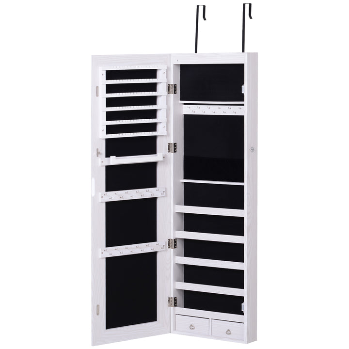 Jewelry Cabinet with Mirror and LED Lights, Lockable Makeup Cosmetics Jewellery Organiser, Mirror with Storage for Bedroom Dressing Room, White