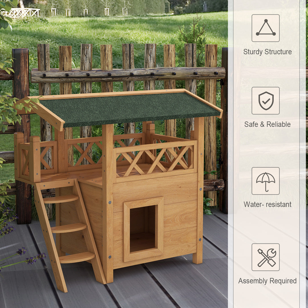 Cat House Outdoor w/ Balcony Stairs Roof, 77 x 50 x 73 cm, Natural Wood Finish