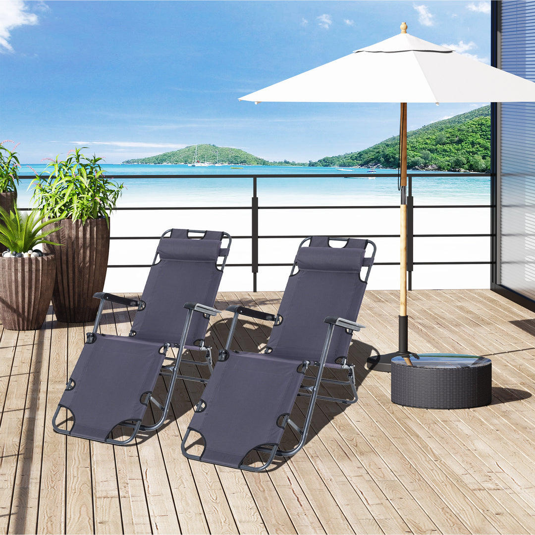 Outsunny 2 Pieces Foldable Sun Loungers with Adjustable Back, Outdoor Reclining Garden Chairs with Pillow and Armrests, Grey | Aosom UK