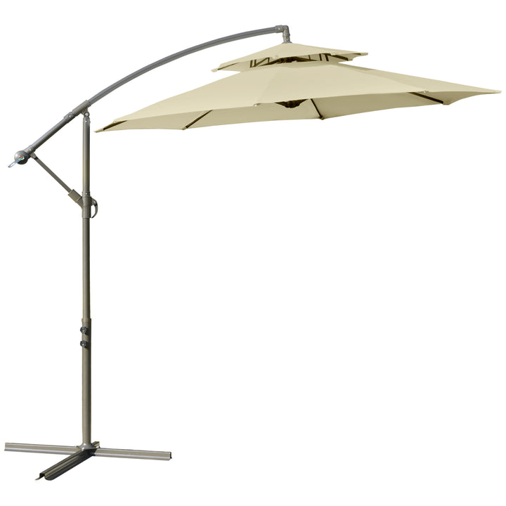 Outsunny 2.7m Garden Banana Parasol Cantilever Umbrella w/ Crank Handle, Double Tier Canopy, Cross Base, Hanging Sun Shade, Beige | Aosom UK