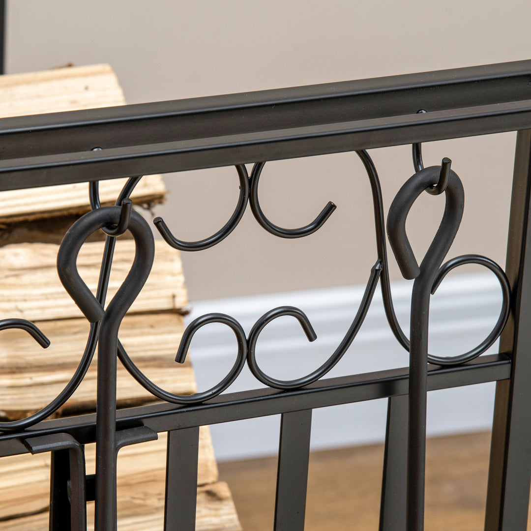 MCL Steel Firewood Log Holder Indoor Outdoor Firewood Rack Fireplace Wood Storage Shelf with 4 Tools, Hooks, Scrolls, Rust-Resistant, Black, 75L x 30W x 60H cm