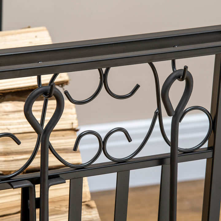 MCL Steel Firewood Log Holder Indoor Outdoor Firewood Rack Fireplace Wood Storage Shelf with 4 Tools, Hooks, Scrolls, Rust-Resistant, Black, 75L x 30W x 60H cm