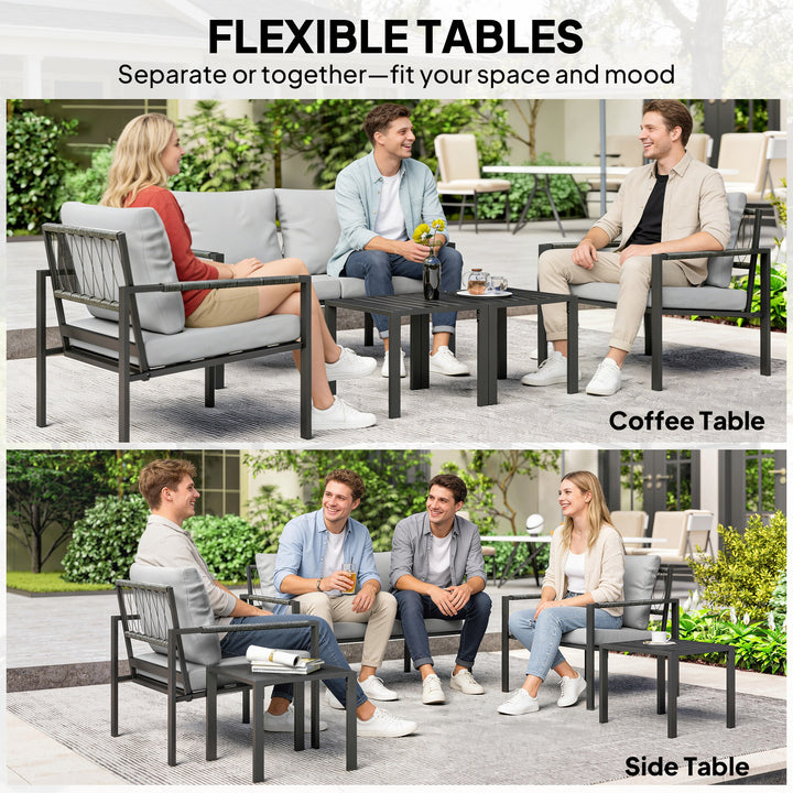 5 Piece Metal Garden Furniture Sofa Set with Thickened Cushions, Loveseat, 2 Armchairs, 2 Coffee Tables