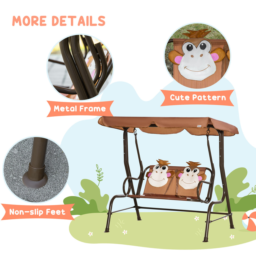 2 Seater Kids Garden Swing Seat, Children Outdoor Patio Lounge Chair for Gardens w/ Adjustable Awning, Seatbelt, Monkey Pattern - Brown