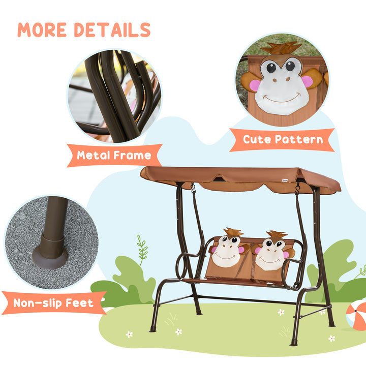 2 Seater Kids Garden Swing Seat, Children Outdoor Patio Lounge Chair for Gardens w/ Adjustable Awning, Seatbelt, Monkey Pattern - Brown