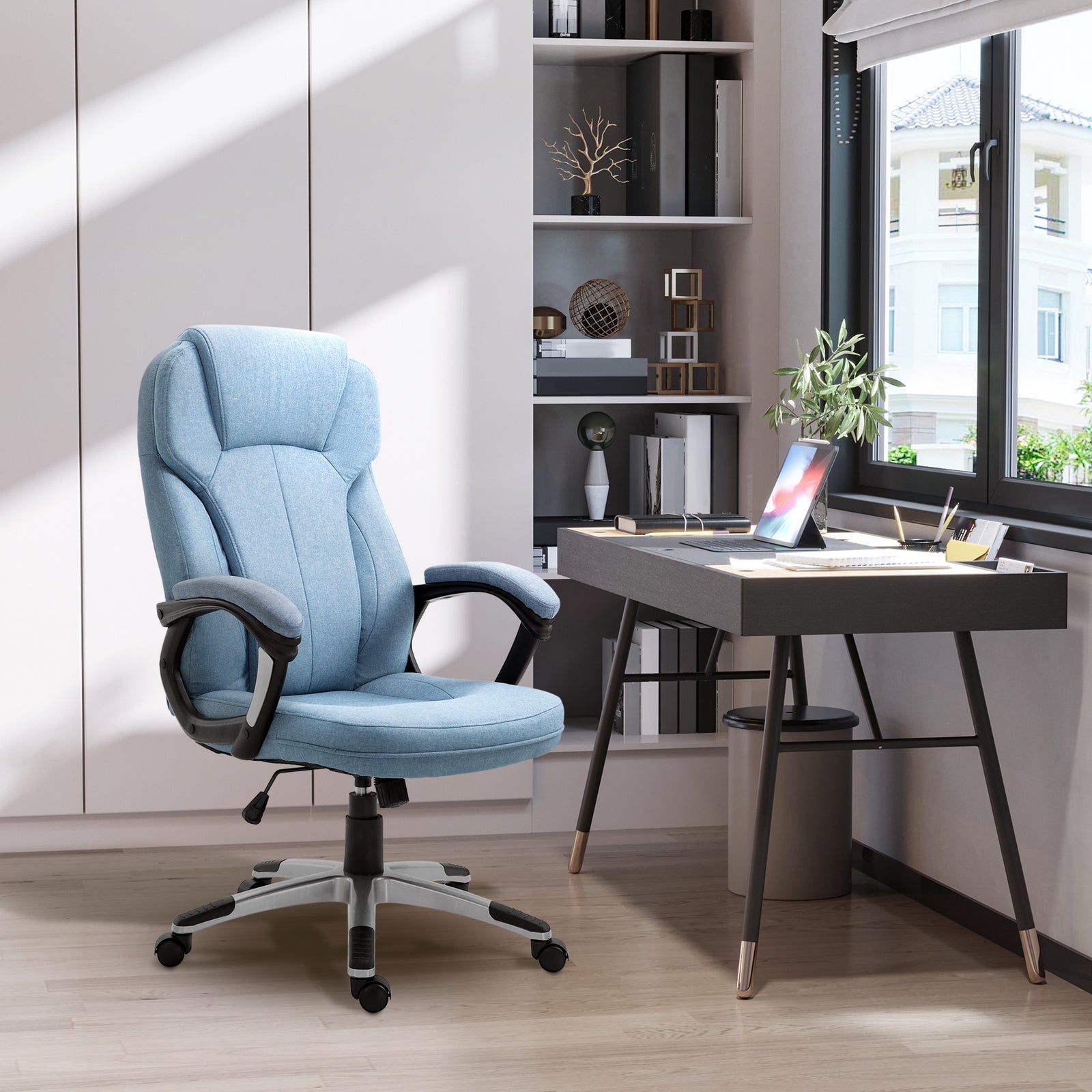Office Chair, Linen Fabric Desk Chair, Height Adjustable Computer Chair with Padded Armrests, Swivel Wheels and Tilt Function, Blue