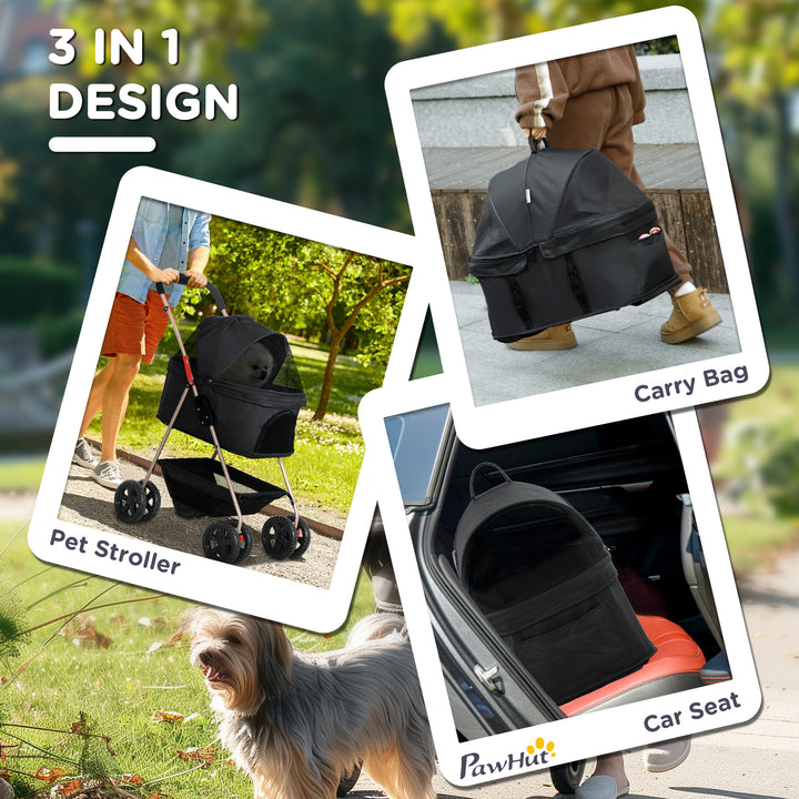 PawH 3-in-1 Pet Stroller, Folding 4 Wheel Dog Pram with Detachable Carrier for Mini Dogs, Cats, Black