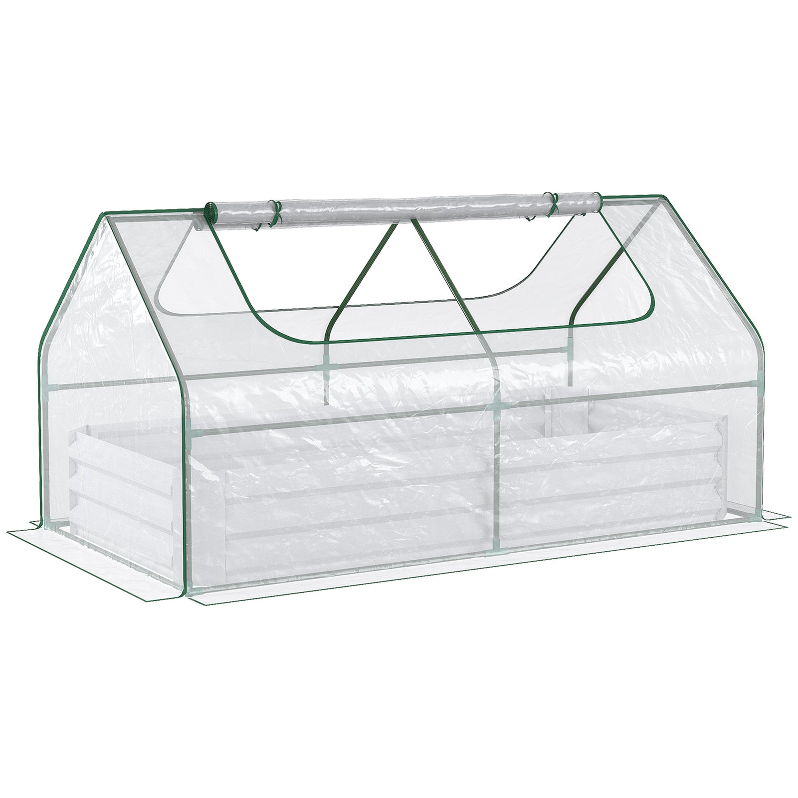 Raised Garden Bed with Greenhouse, Steel Planter Box with Plastic Cover, Roll Up Window, Dual Use for Flowers, Vegetables, Fruits and Herbs, 185L x 95W x 92H cm, Clear
