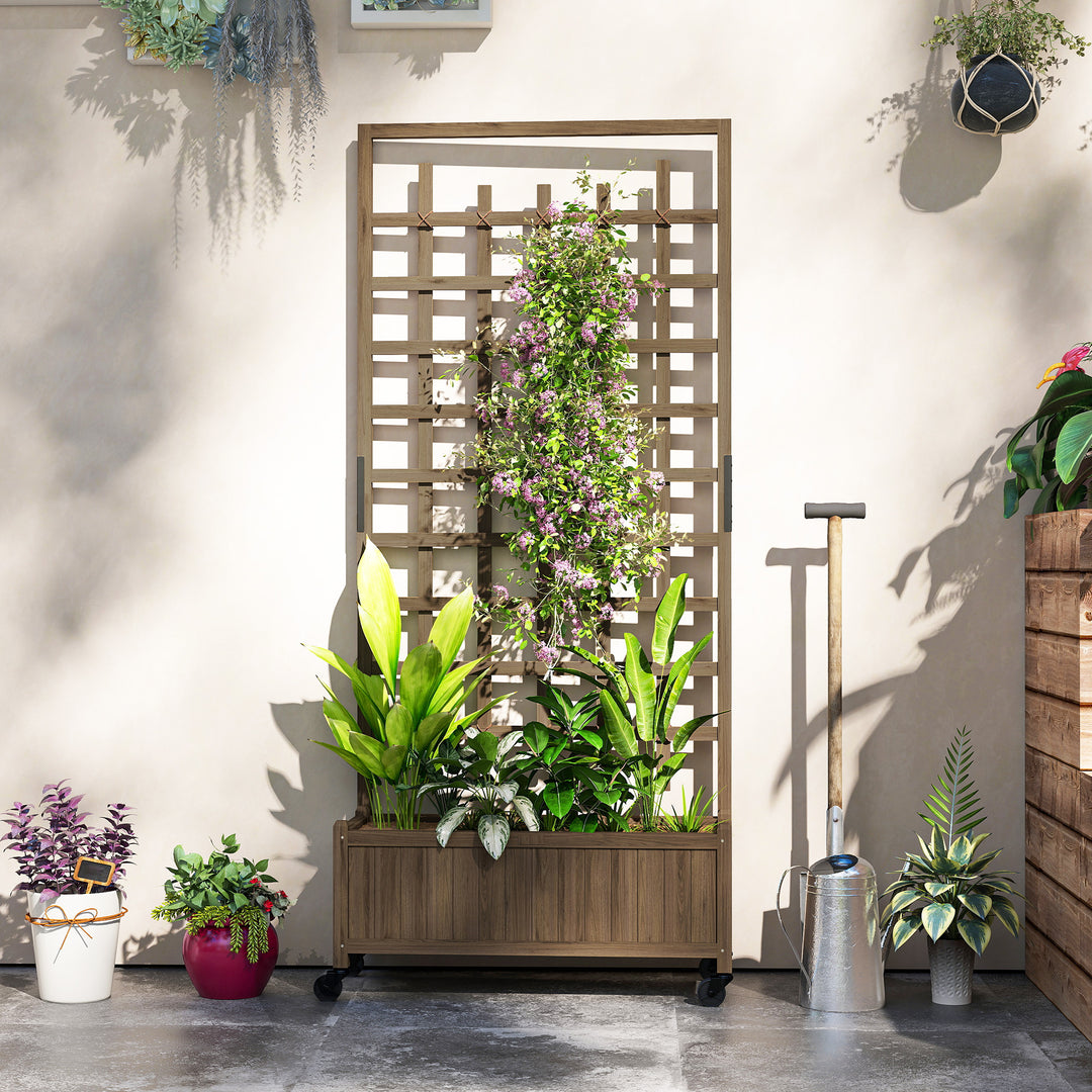 Wooden Trellis Planter, Raised Garden Bed with Wheels, to Climb and Grow Vegetables, Herbs and Flowers, Brown