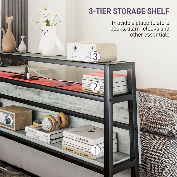 Double Steel Bed Frame, with LED Lights and Headboard Shelf - Grey
