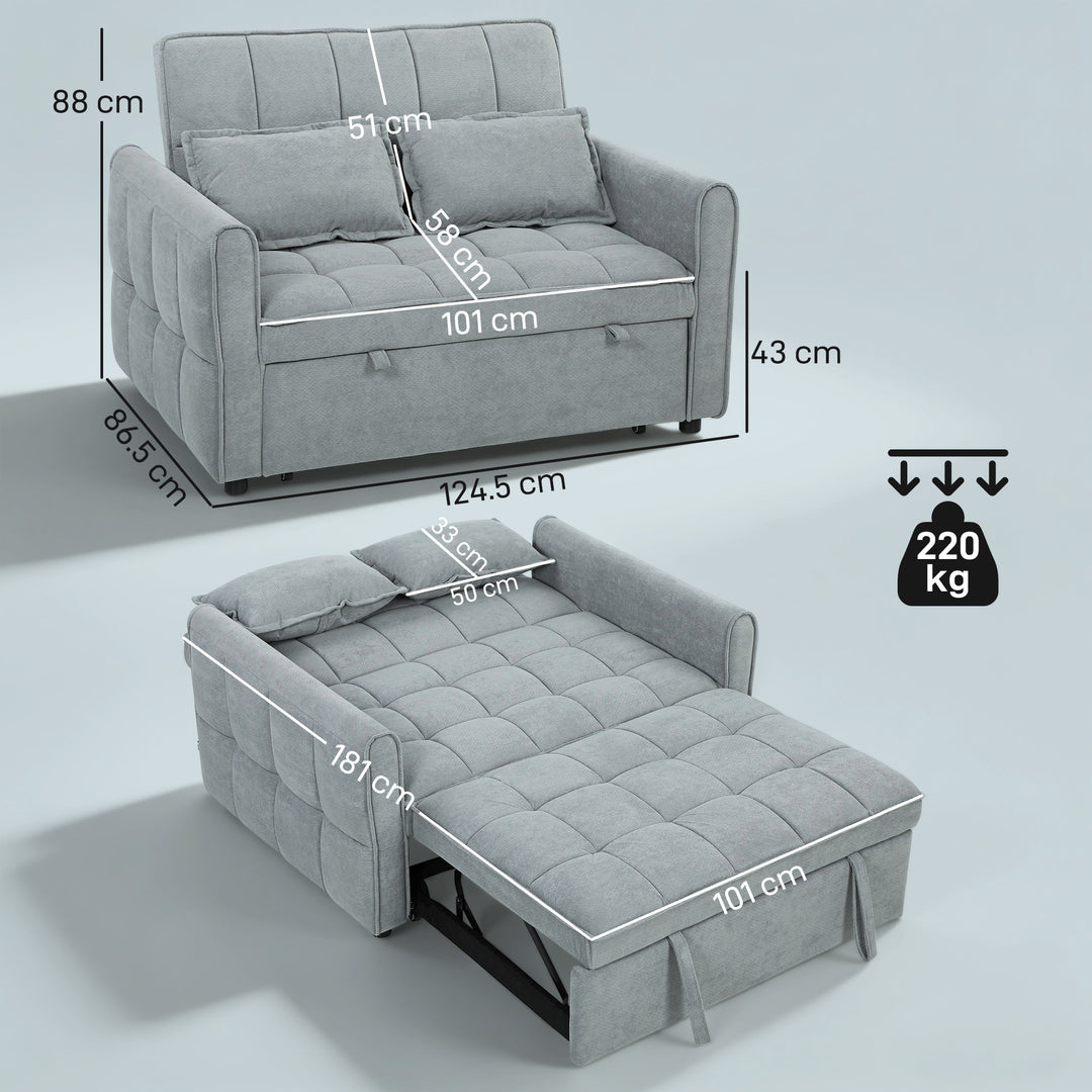 2 Seater Sofa Bed, 3-in-1 Convertible Sleeper Sofa with Click-clack Adjustable Backrest and 2 Pillows, Light