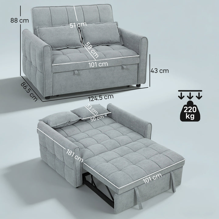 2 Seater Sofa Bed, 3-in-1 Convertible Sleeper Sofa with Click-clack Adjustable Backrest and 2 Pillows, Light
