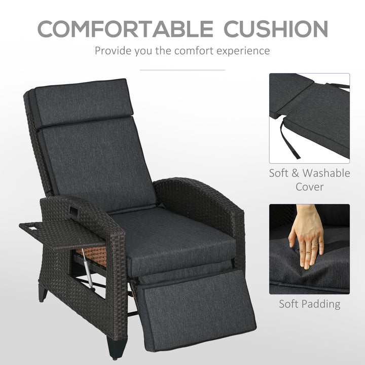 Outdoor Recliner Chair with Adjustable Backrest and Footrest, Cushion, Side Tray, Dark Grey/Brown