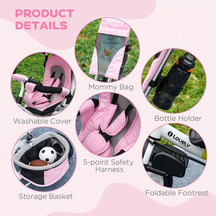 6 in 1 Kids Trike with Parent Handle, Canopy, 5-point Safety Belt, Storage, Footrest, Brake, for 1-5 Years, Pink