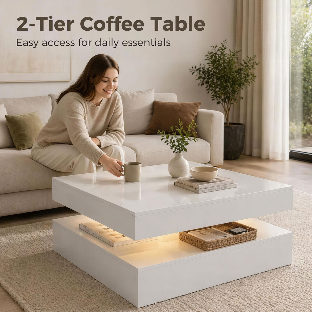 LED Coffee Table with Storage, 2-Tier Modern Centre Table with Open Sh