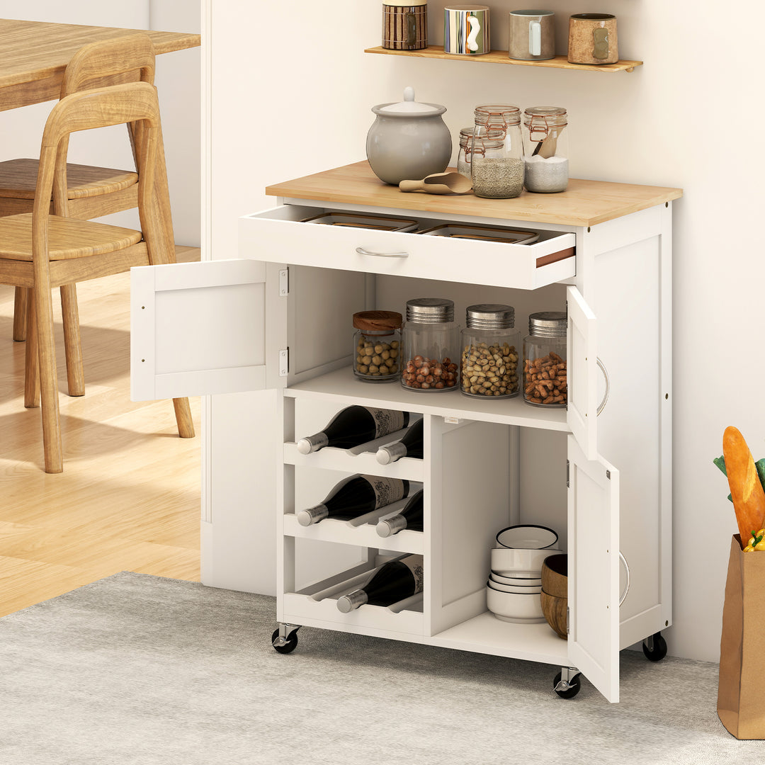 Modern Kitchen Trolley, Rolling Island Storage Cart with Drawer, 9-bottle Wine Rack, Door Cabinets, Wooden Countertop, White