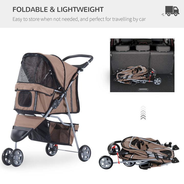 PawHut Lightweight Folding Dog Stroller with Cover, Cat and Dog Pushchair w/ Drink Holder, Storage Basket, Safety Features, Brown | Aosom UK